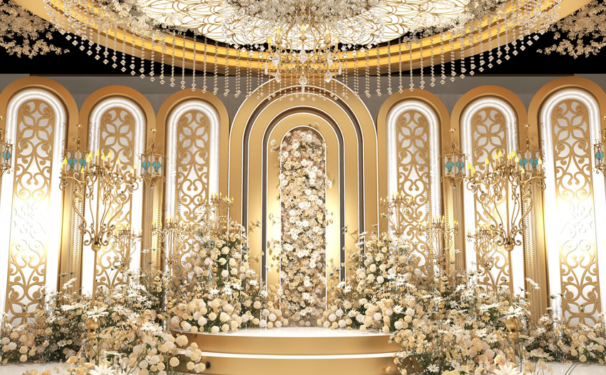 玛纳斯香槟色调婚礼堂效果展示